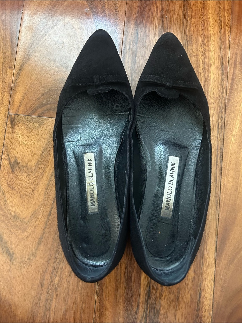 Manolo Blahnik Black Suede Pointed-Toe Ballet Flats